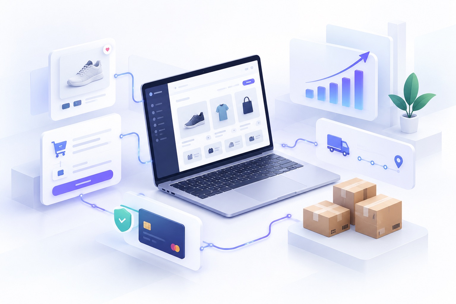 Ticyo e-ticaret altyapısında ürün, ödeme, kargo ve satış yönetimini temsil eden illüstrasyon